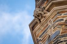 Gothic details on Duke’s West Campus, winter--screaming gargolye